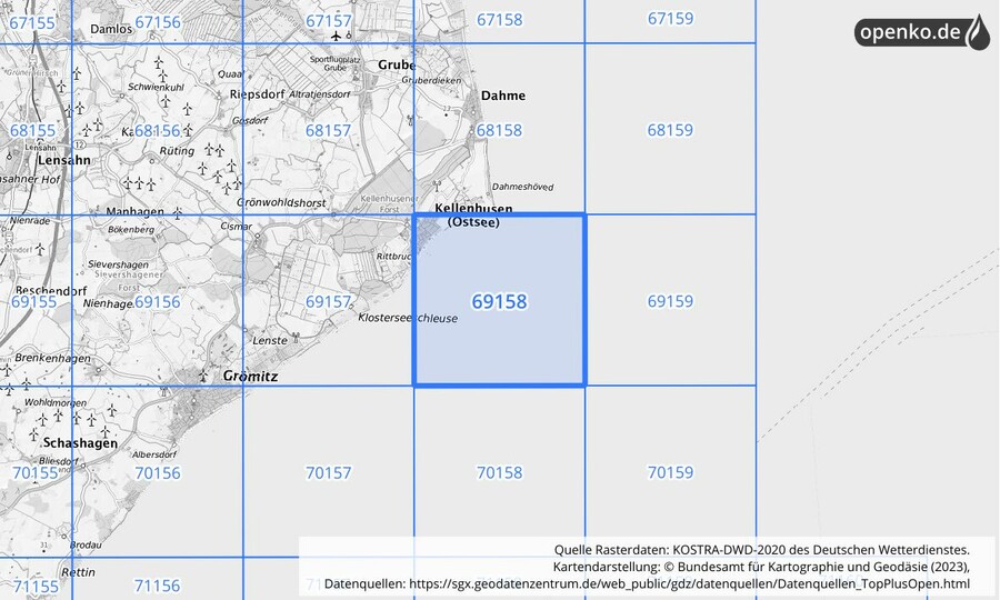 Übersichtskarte des KOSTRA-DWD-2020-Rasterfeldes Nr. 69158