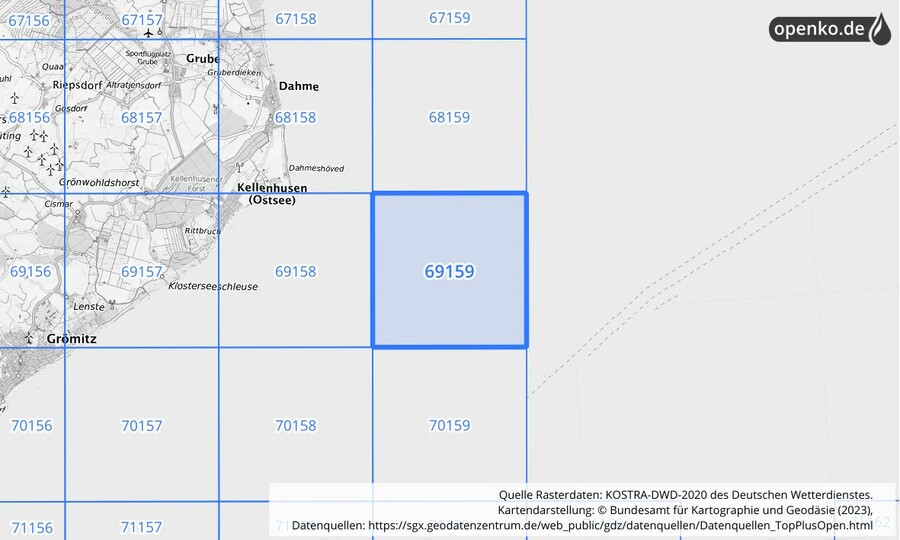 Übersichtskarte des KOSTRA-DWD-2020-Rasterfeldes Nr. 69159