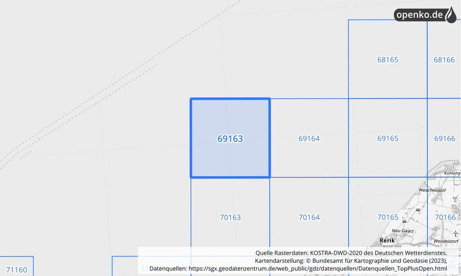 Übersichtskarte des KOSTRA-DWD-2020-Rasterfeldes Nr. 69163