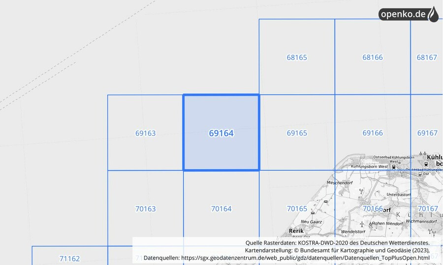 Übersichtskarte des KOSTRA-DWD-2020-Rasterfeldes Nr. 69164