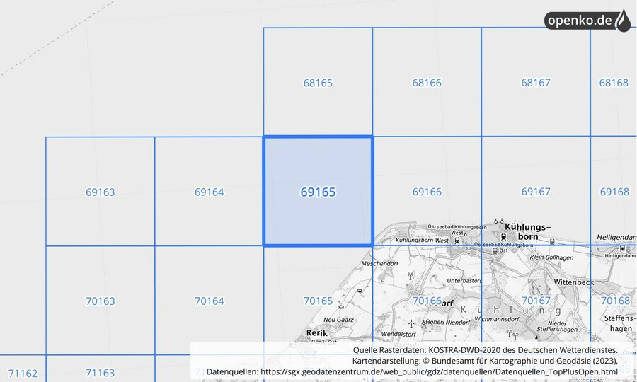 Übersichtskarte des KOSTRA-DWD-2020-Rasterfeldes Nr. 69165