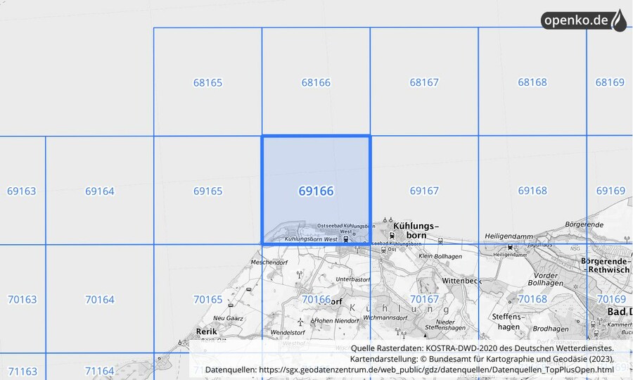 Übersichtskarte des KOSTRA-DWD-2020-Rasterfeldes Nr. 69166
