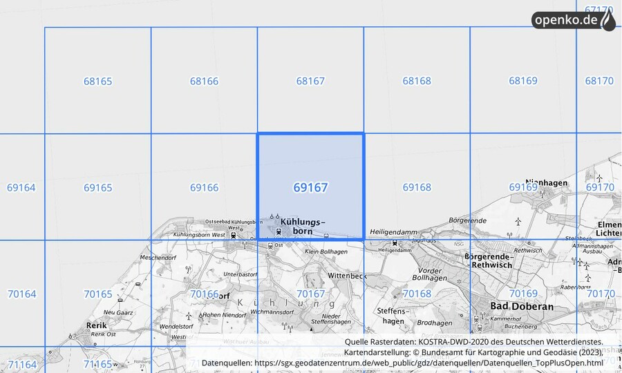 Übersichtskarte des KOSTRA-DWD-2020-Rasterfeldes Nr. 69167