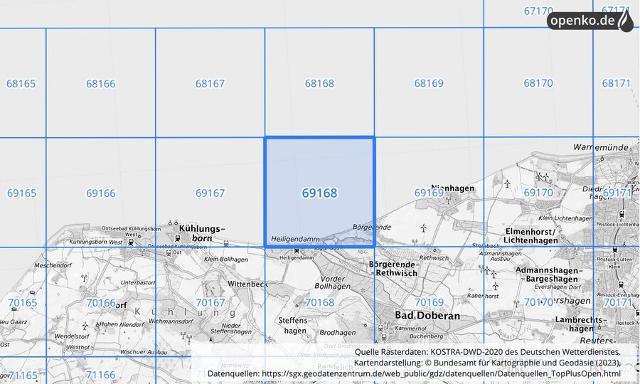 Übersichtskarte des KOSTRA-DWD-2020-Rasterfeldes Nr. 69168