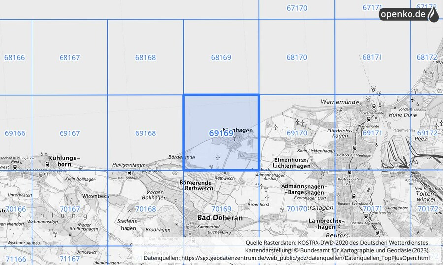 Übersichtskarte des KOSTRA-DWD-2020-Rasterfeldes Nr. 69169