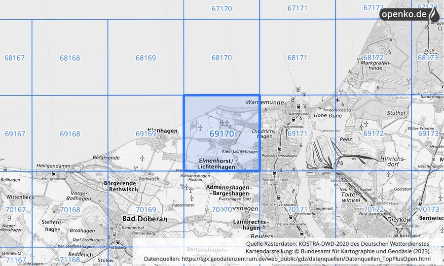 Übersichtskarte des KOSTRA-DWD-2020-Rasterfeldes Nr. 69170