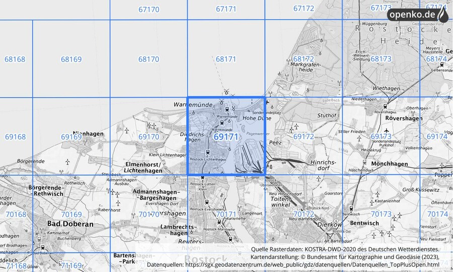 Übersichtskarte des KOSTRA-DWD-2020-Rasterfeldes Nr. 69171