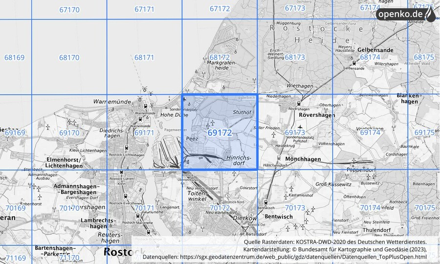 Übersichtskarte des KOSTRA-DWD-2020-Rasterfeldes Nr. 69172