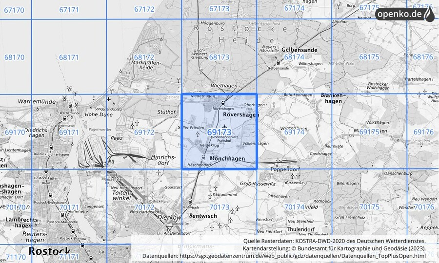 Übersichtskarte des KOSTRA-DWD-2020-Rasterfeldes Nr. 69173