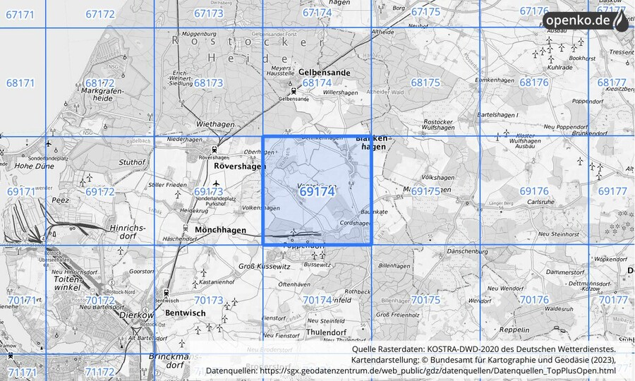 Übersichtskarte des KOSTRA-DWD-2020-Rasterfeldes Nr. 69174