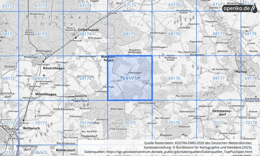 Übersichtskarte des KOSTRA-DWD-2020-Rasterfeldes Nr. 69175