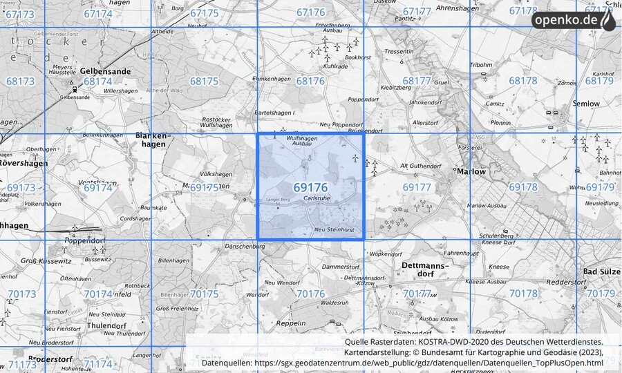 Übersichtskarte des KOSTRA-DWD-2020-Rasterfeldes Nr. 69176