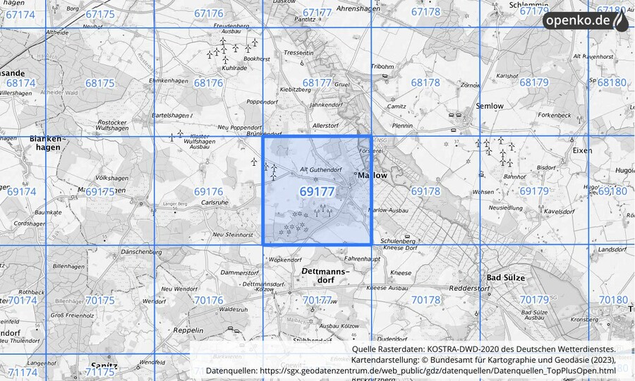 Übersichtskarte des KOSTRA-DWD-2020-Rasterfeldes Nr. 69177