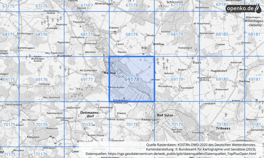Übersichtskarte des KOSTRA-DWD-2020-Rasterfeldes Nr. 69178