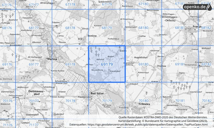 Übersichtskarte des KOSTRA-DWD-2020-Rasterfeldes Nr. 69179