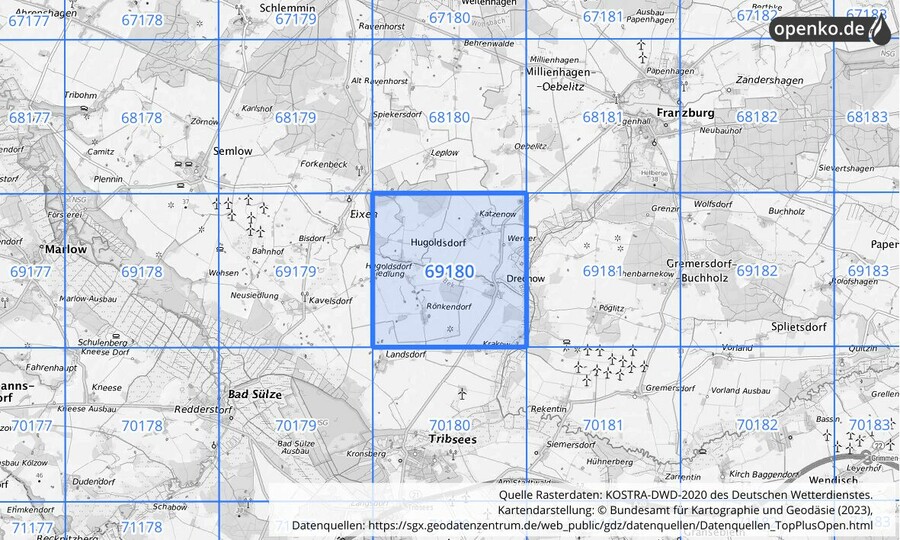 Übersichtskarte des KOSTRA-DWD-2020-Rasterfeldes Nr. 69180