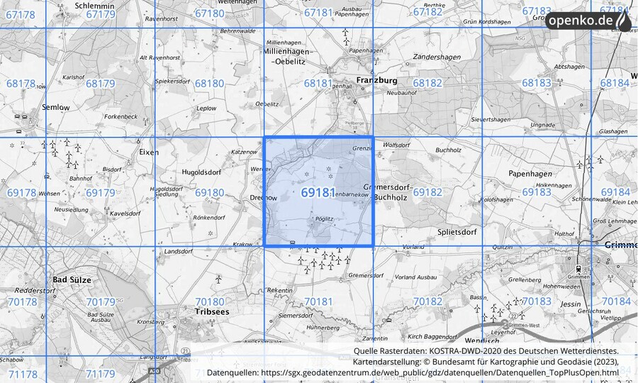 Übersichtskarte des KOSTRA-DWD-2020-Rasterfeldes Nr. 69181