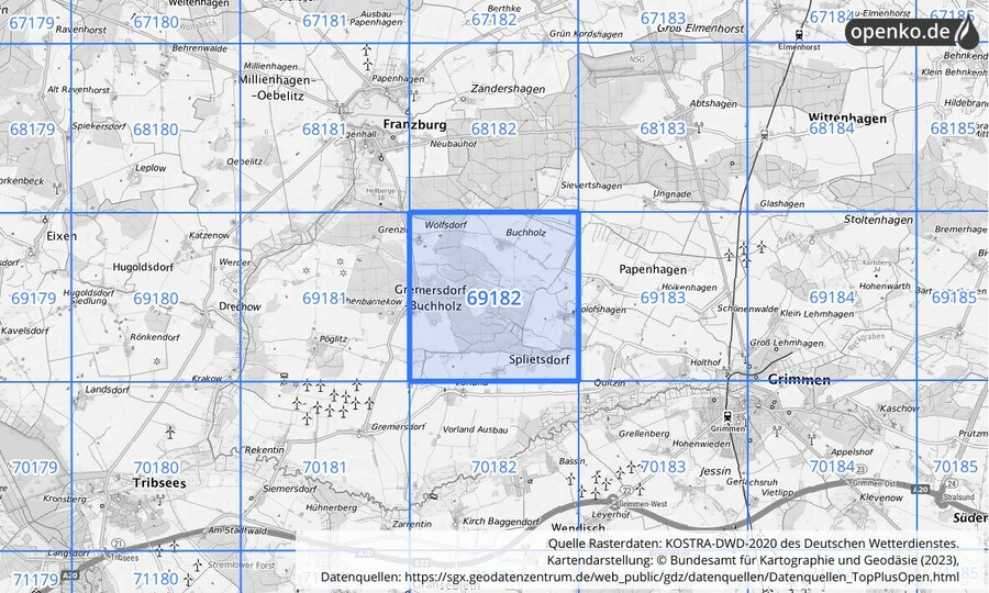 Übersichtskarte des KOSTRA-DWD-2020-Rasterfeldes Nr. 69182