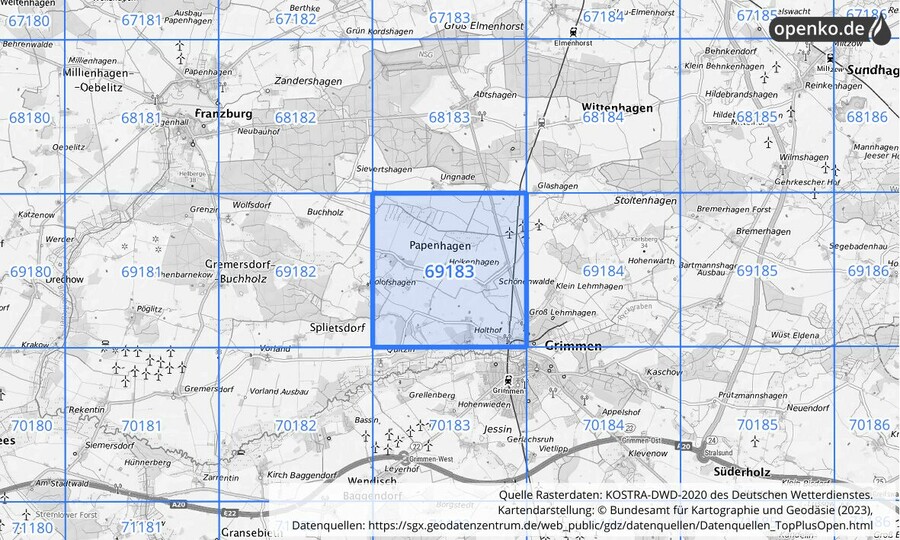 Übersichtskarte des KOSTRA-DWD-2020-Rasterfeldes Nr. 69183