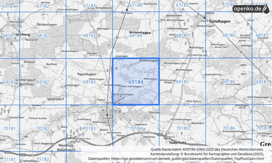 Übersichtskarte des KOSTRA-DWD-2020-Rasterfeldes Nr. 69184