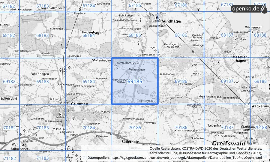 Übersichtskarte des KOSTRA-DWD-2020-Rasterfeldes Nr. 69185