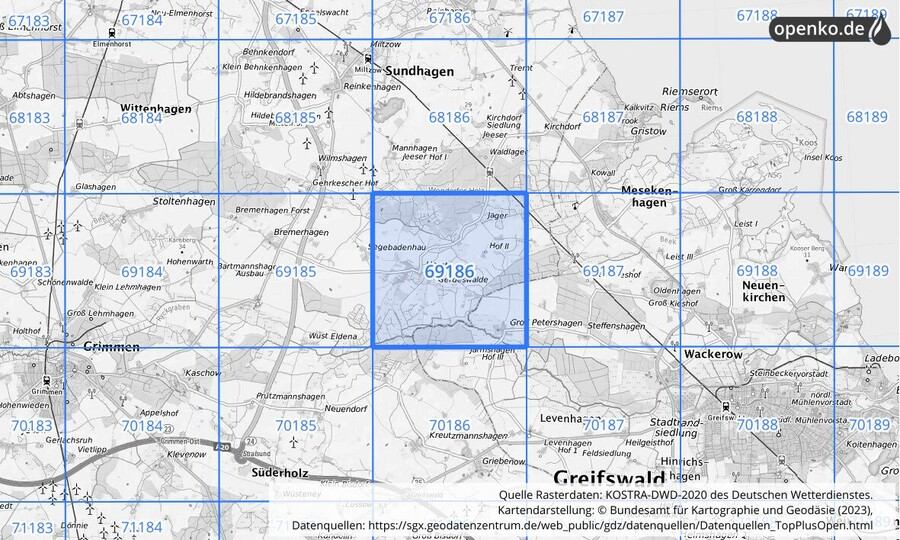 Übersichtskarte des KOSTRA-DWD-2020-Rasterfeldes Nr. 69186