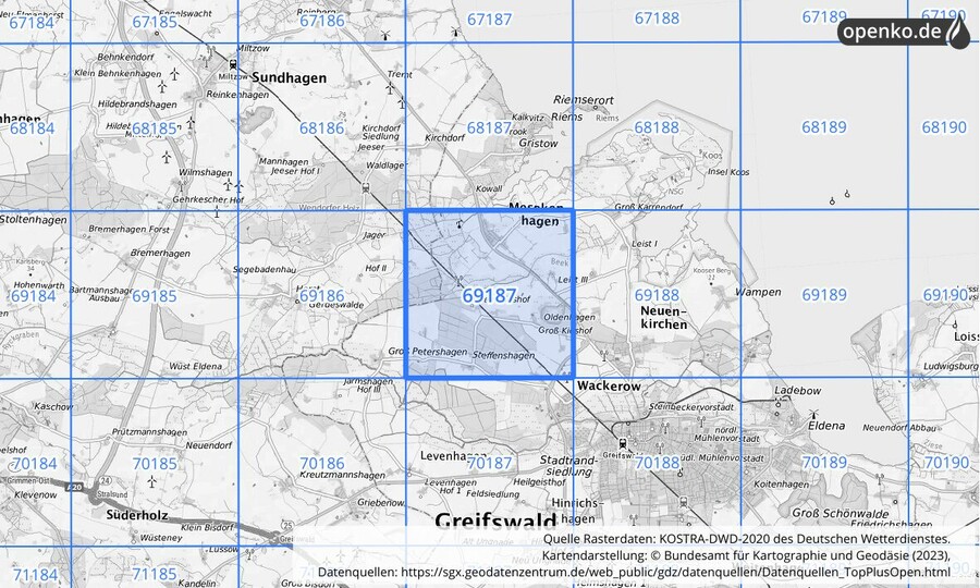 Übersichtskarte des KOSTRA-DWD-2020-Rasterfeldes Nr. 69187