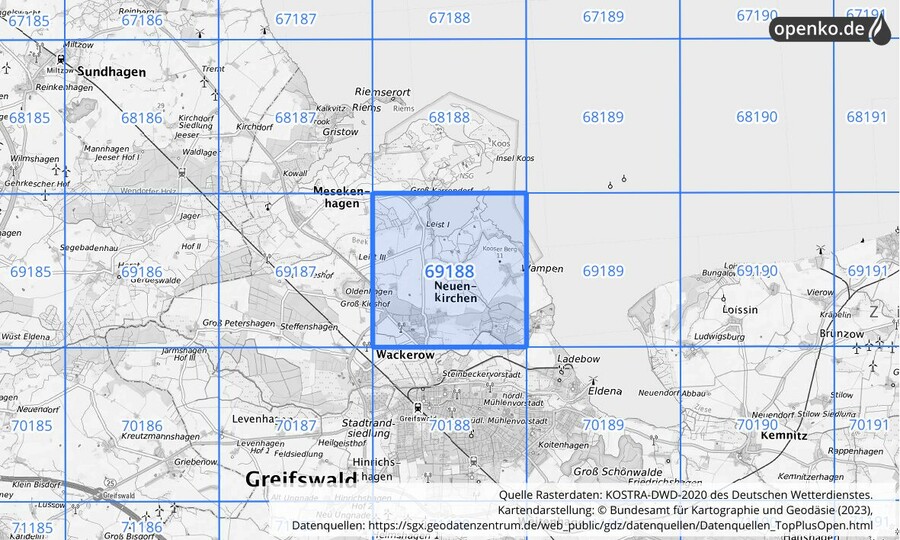 Übersichtskarte des KOSTRA-DWD-2020-Rasterfeldes Nr. 69188