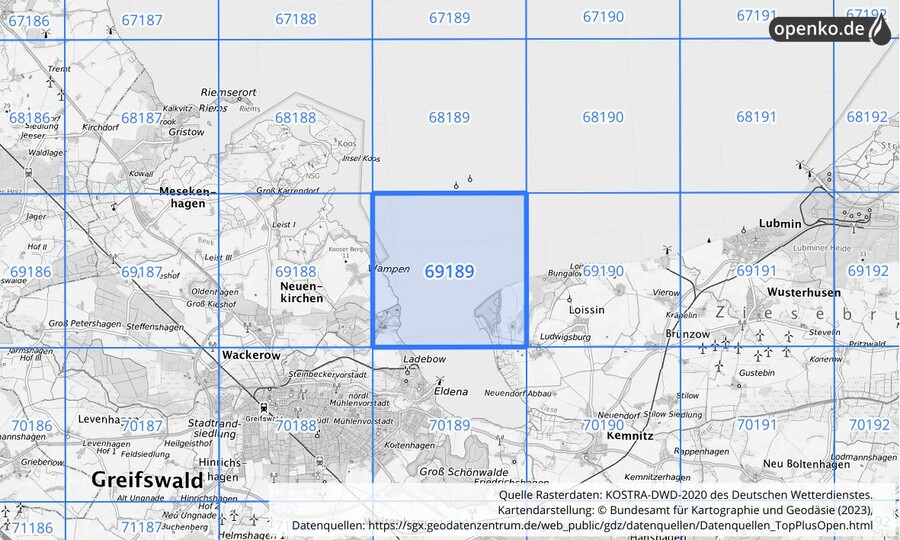 Übersichtskarte des KOSTRA-DWD-2020-Rasterfeldes Nr. 69189