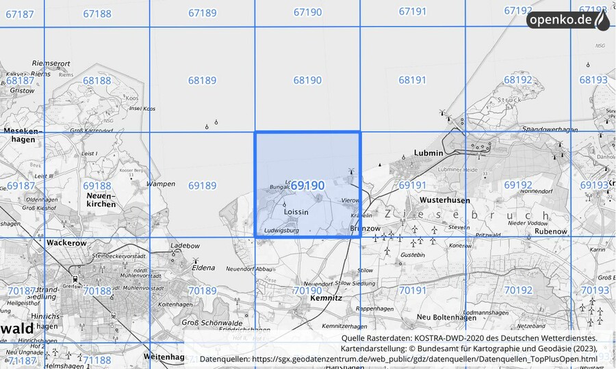 Übersichtskarte des KOSTRA-DWD-2020-Rasterfeldes Nr. 69190