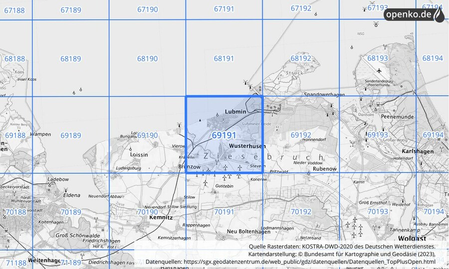 Übersichtskarte des KOSTRA-DWD-2020-Rasterfeldes Nr. 69191