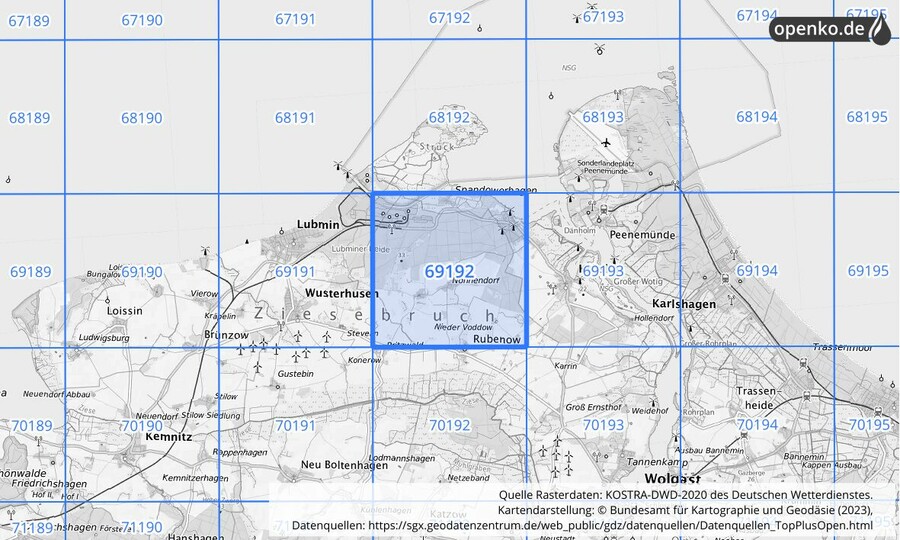 Übersichtskarte des KOSTRA-DWD-2020-Rasterfeldes Nr. 69192