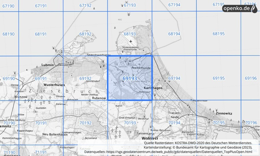 Übersichtskarte des KOSTRA-DWD-2020-Rasterfeldes Nr. 69193