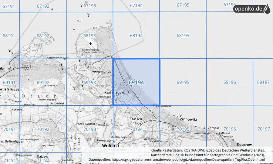 Übersichtskarte des KOSTRA-DWD-2020-Rasterfeldes Nr. 69194