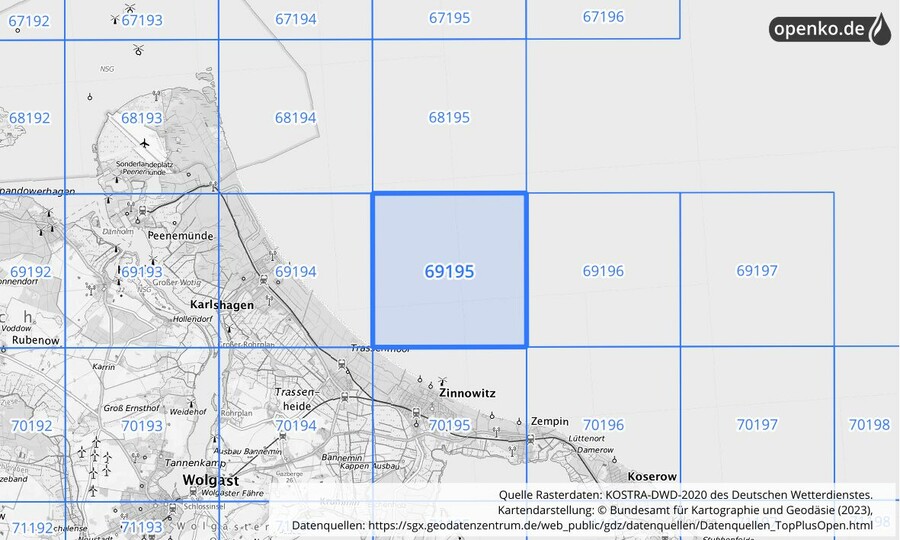 Übersichtskarte des KOSTRA-DWD-2020-Rasterfeldes Nr. 69195