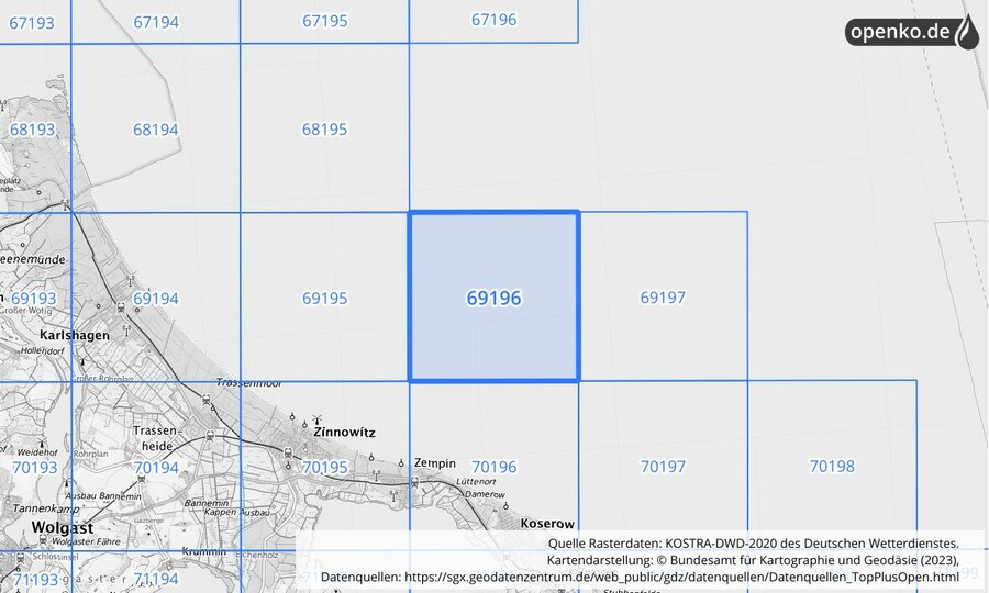 Übersichtskarte des KOSTRA-DWD-2020-Rasterfeldes Nr. 69196