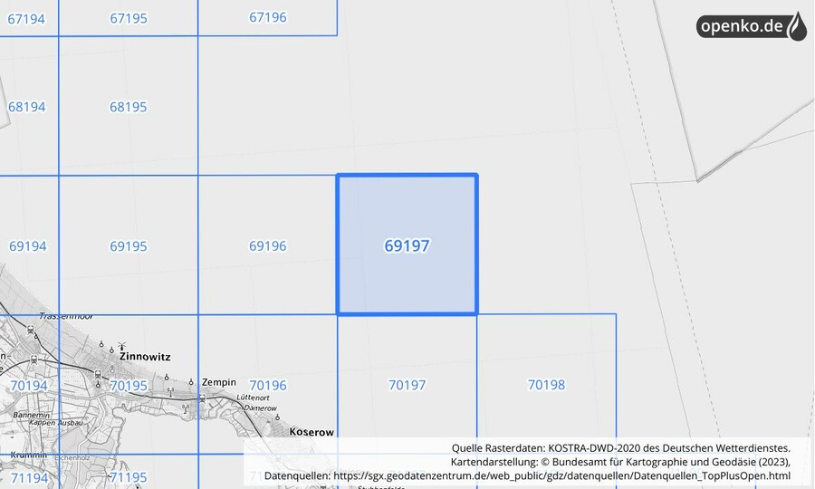 Übersichtskarte des KOSTRA-DWD-2020-Rasterfeldes Nr. 69197