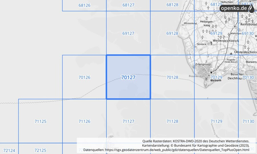 Übersichtskarte des KOSTRA-DWD-2020-Rasterfeldes Nr. 70127