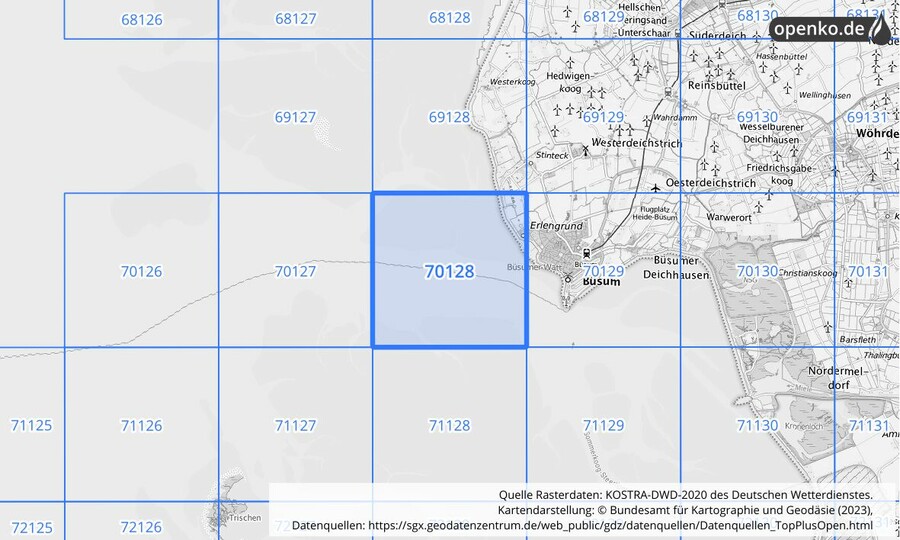 Übersichtskarte des KOSTRA-DWD-2020-Rasterfeldes Nr. 70128