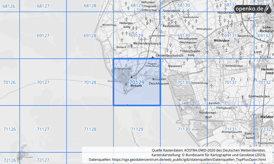 Übersichtskarte des KOSTRA-DWD-2020-Rasterfeldes Nr. 70129