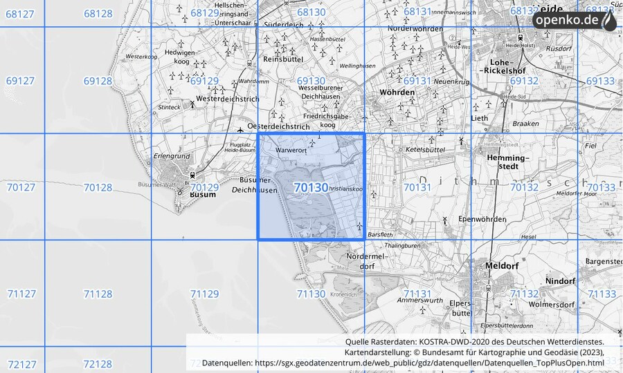 Übersichtskarte des KOSTRA-DWD-2020-Rasterfeldes Nr. 70130