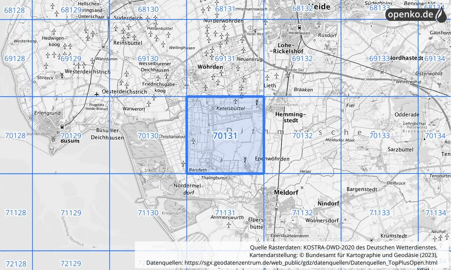 Übersichtskarte des KOSTRA-DWD-2020-Rasterfeldes Nr. 70131