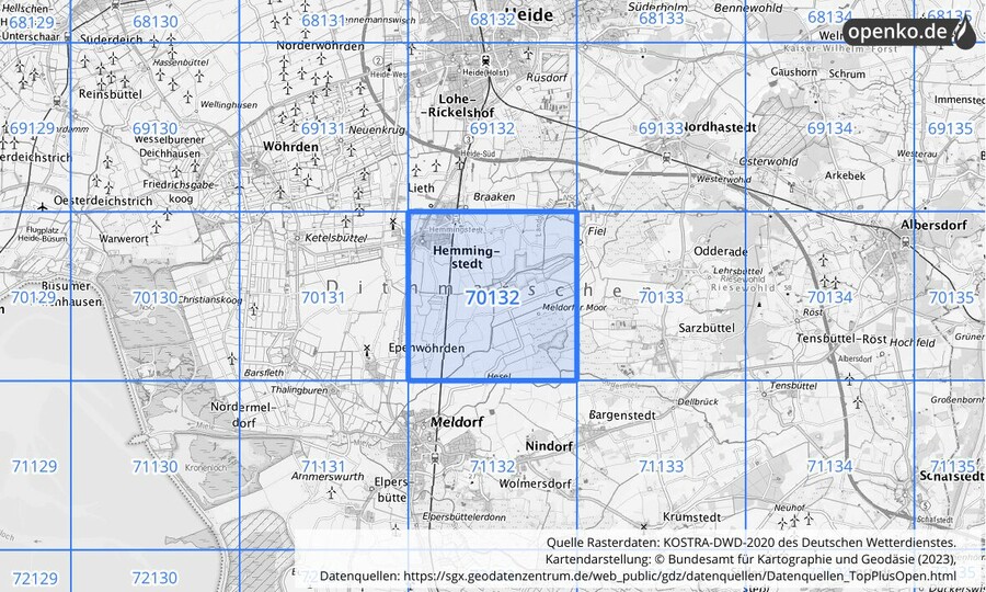 Übersichtskarte des KOSTRA-DWD-2020-Rasterfeldes Nr. 70132