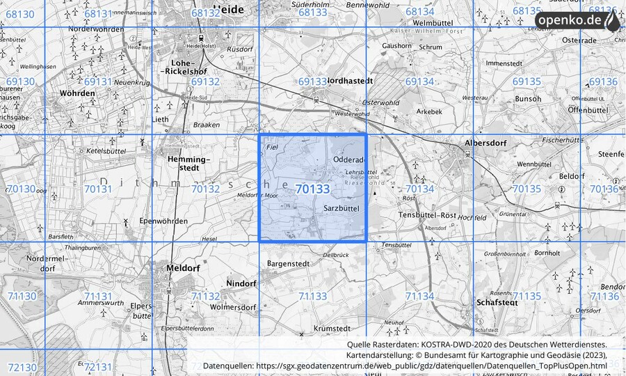 Übersichtskarte des KOSTRA-DWD-2020-Rasterfeldes Nr. 70133
