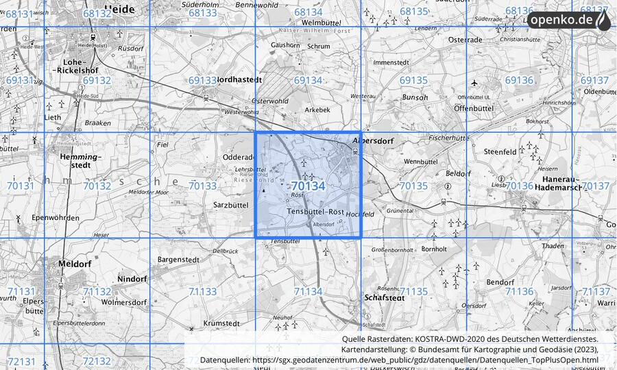 Übersichtskarte des KOSTRA-DWD-2020-Rasterfeldes Nr. 70134