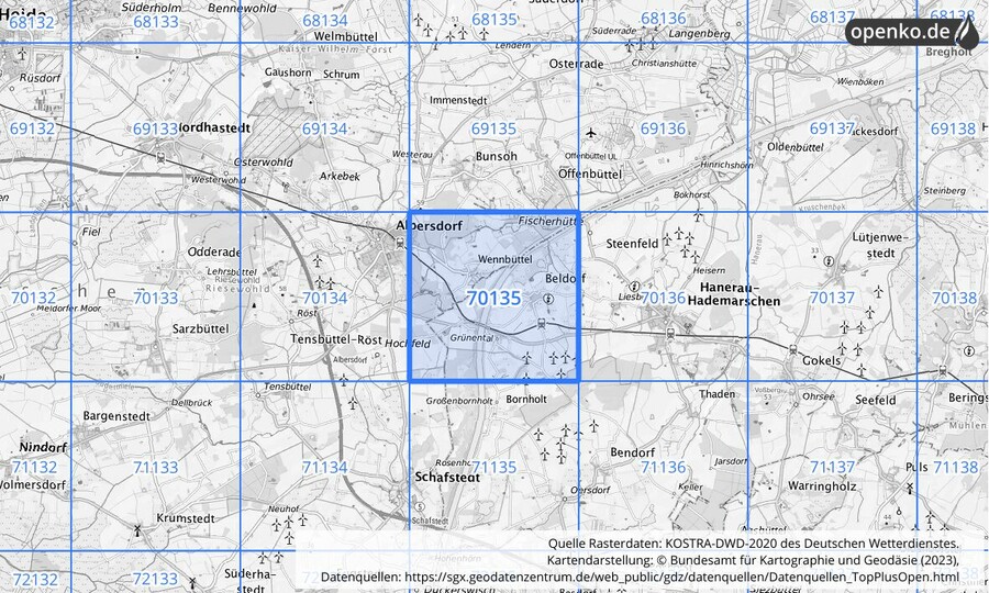 Übersichtskarte des KOSTRA-DWD-2020-Rasterfeldes Nr. 70135