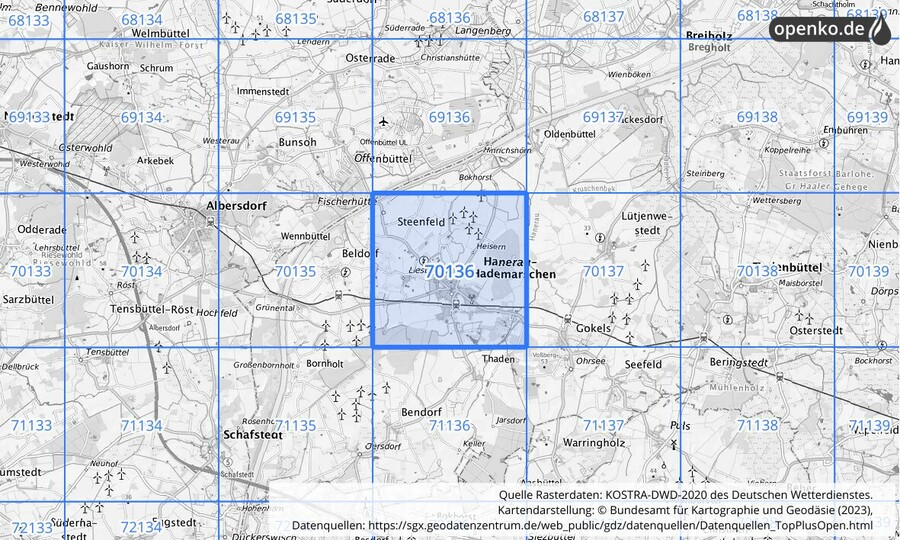 Übersichtskarte des KOSTRA-DWD-2020-Rasterfeldes Nr. 70136