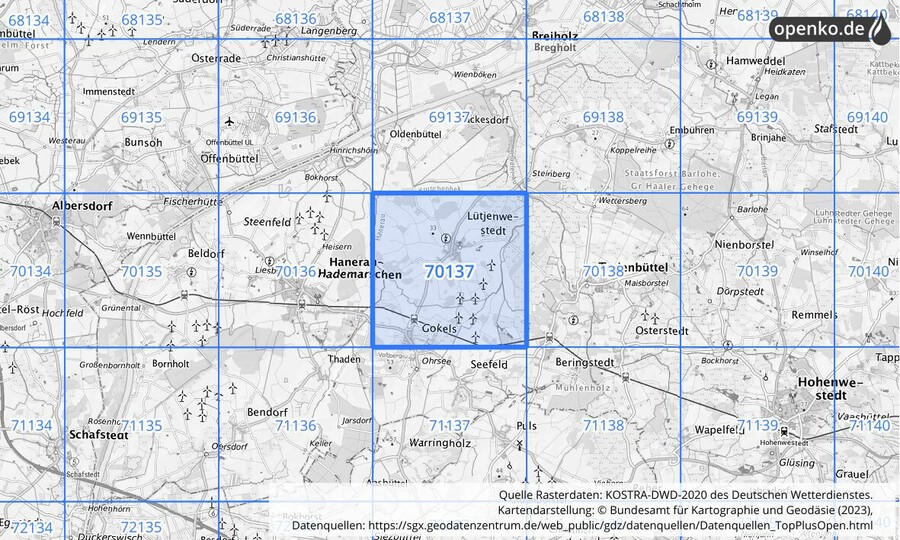 Übersichtskarte des KOSTRA-DWD-2020-Rasterfeldes Nr. 70137