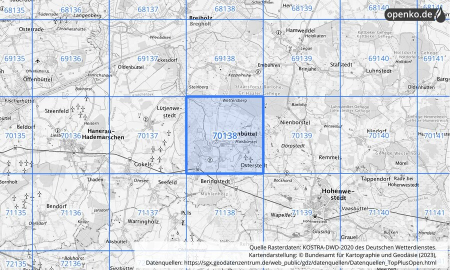 Übersichtskarte des KOSTRA-DWD-2020-Rasterfeldes Nr. 70138