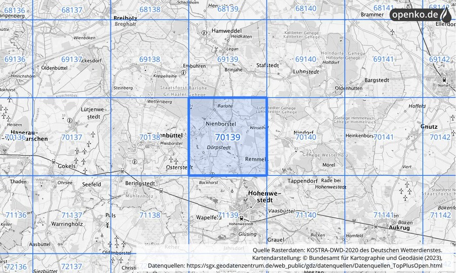 Übersichtskarte des KOSTRA-DWD-2020-Rasterfeldes Nr. 70139